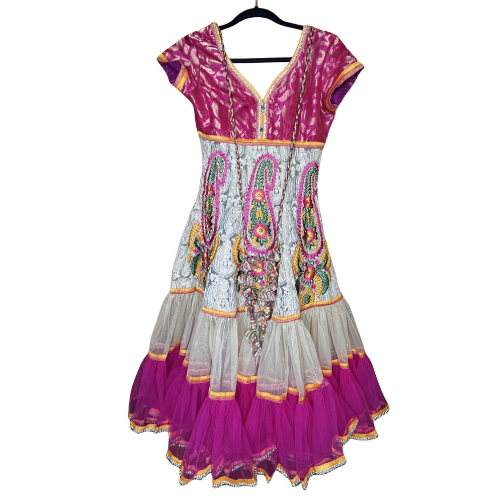 Boho lehenga choli or Anarkali-style dress with intricate embroidery
